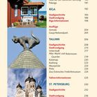 Seite 6: Inhalt. Themen wie Klaipėda, Riga, Tallinn, St. Petersburg mit Seitenzahlen. Bilder: rotes Haus, Katzenstatue, orthodoxe Kirche.