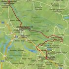 Karte der Region Spreewald mit Orten auf Deutsch und Sorbisch, grüne Fläche für Biosphärenreservat, rote Routenlinien.