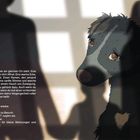 Ein melancholischer Hund blickt nachdenklich, während im Hintergrund Silhouetten von Menschen erkennbar sind.