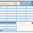 "Arbeitsheft", "Finde vier weitere Schulwörter", "Gehst du gerne zur Schule?", "Welches ist dein Lieblingsfach?" Illustration.