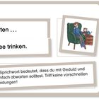 Text: "Abwarten ... und Tee trinken." Illustration: Person trinkt Tee neben einer Uhr. Apfelbaum im Hintergrund.