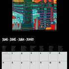 Juni in vier Sprachen. Kalender 2027 mit Feiertag "King’s Birthday, New Zealand". Farbige Illustration mit abstrakten Formen.