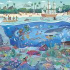 Illustration: Oben Palmenstrand mit Menschen und einem Segelschiff. Unter Wasser bunte Meereswelt mit Fischen und Meerjungfrauen.