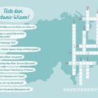 Teste dein Schweiz-Wissen! Zehn Fragen und ein Kreuzworträtsel auf hellblauem Hintergrund mit einer Schweiz-Karte.
