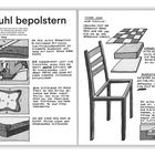 „Stuhl bepolstern“. Anleitung mit Bildern: Material, Entfernung des alten Bezugsstoffs, neuer Stoff, Tacker und Schaumschichten.