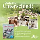 "Mach den Unterschied! 25% des Verkaufserlöses gehen an den Lebenshof Dorf Sentana – für nachhaltigen Tierschutz." Oben: Landschaftsfoto, darunter drei Tierbilder (Pony, Katzenpaar, Hund). Links: Buch "Tom Tauber". Unten rechts: Calme Mara Logo.