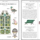 "Jardin des Tuileries" oben zentriert. Links Tulpe, Vase, Karte, Segelboot, Eis, Heißluftballon. Rechts Fête Foraine Text.