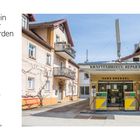 "Wo Bier, Wein und Wasser gefeiert werden" steht groß. Rechts sieht man eine Straße mit einer alten Tankstelle.