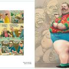 Comicausschnitt links; rechts ein dicker Mann mit buntem Hemd, Jeans-Shorts, umgeben von gezeichneten Gesichtern.