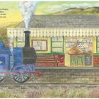 Am kleinen Bahnhof in den Bergen. Blaue Dampflok, kleiner Bahnhof mit Café, Reisende mit Rucksäcken.