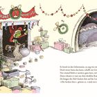 "FROHE WEIHNACHTEN!" steht auf einem Banner. Ein grünes Wesen in rotem Kostüm steckt in einem Kamin. Viele Geschenke sind verteilt.