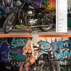 "06 Juni" steht unten. Ein Motorrad im Vordergrund, dahinter bunte Graffiti. Oben Details vom Motorrad.