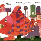 Bunte, verspielte Illustration mit lebendigen, skurrilen Figuren und Farben, Texte: "Ist es vielleicht der Vogel Paul?"