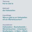 Texte: Trennung: Hal-te-stel-le, Mehrzahl: die Haltestellen, Impulsfrage: Warum gibt es an Haltestellen oft ein Wartehäuschen? Assoziationen: Haltestation, Bushaltestelle, Wartehäuschen. Oben rechts steht "die Haltestelle". Links drei orangefarbene Segmente.