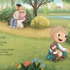 Ein Park mit bunten Blumen, Bienen und Vögeln. Zwei Kinder sitzen auf der Wiese, fröhlich und in ein Gespräch vertieft.
