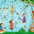 Text: "Lenny", "Caruso", "Piet", "Yolanda", "Tessa", "Firlefanz". 

Illustration von Personen und Tieren in Blätterranken. Rechts ein Baumhaus.