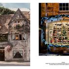 Links: "The Bridge Tea Rooms" auf einem alten Steinhaus mit Blumen. Rechts: "Tea Rooms" mit beleuchtetem Schaufenster und Weihnachtsbaum.