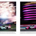 Links: Ein Rennwagen fährt schnell vor buntem Feuerwerk. Rechts: Ein pinkfarbener Rennwagen bei Nacht mit Lichtern im Hintergrund.