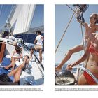 Links: Menschen entspannen auf einer Segelyacht. Rechts: Frau in rotem Bikini steuert. Texte am unteren Rand.