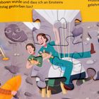 Text: „Tod, geboren wurde und dass ich an Einsteins Geburtstag gestorben bin?“ Menschen und Tiere auf Mondoberfläche.