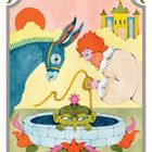 Illustration: Ein Mann mit rotem Haar zieht eine grüne Kreatur aus einem Brunnen. Ein Esel und eine Burg sind im Hintergrund.
