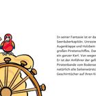 Text beschreibt Fantasie eines Seeräuberkapitäns. Illustration zeigt Pirat mit Augenklappe, Papagei, Steuerrad.