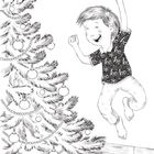 Text auf dem Shirt: "ho ho ho". Illustration eines Kindes, das neben einem Weihnachtsbaum fröhlich springt.