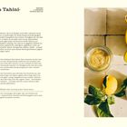 Zitroniges Tahini-Dressing Rezept. Links Text über Tahini, Zutaten und Zubereitung. Rechts Zitronen und Tahini-Gläser. Minimalistisches Layout.