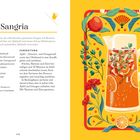 "Apple Sangria" und Zutatenliste wie Apfelsaft, Zitronensaft, Prosecco. Rechts: Illustration einer Karaffe mit Früchten.