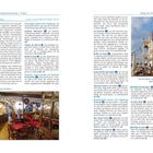 "Essen & Trinken", "Sonnenplatz auf der Piazza dell’Unità d’Italia". Links ein rustikales Buffet, rechts ein Straßencafé.