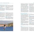 Text: Basis-Infos, Übernachten, Windsurfer für Torbole, Essen & Trinken/Nachtleben, Sport.  
Foto: Windsurfer auf See vor Bergen und Gebäuden.