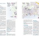 Es gibt hier mehrere Überschriften in blauen und schwarzen Schriften. Einige Abschnitte betreffen „Die Basics“, „Veranstaltungen“ und „Einkaufen“. Karten sind vorhanden, mit Markierungen für Übernachtungs- und Essensmöglichkeiten. Links befinden sich Buchstaben und Zahlen für verschiedene Orte. Verweise auf Telefonnummern und Webseiten sind im Text integriert. 