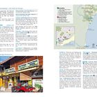 Seite 222. Praktische Infos: Buszeiten, Taxi-Optionen, Übernachtung in Jaco. Karte zeigt Montezuma. Buntes Ladenbild unten.