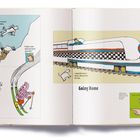 Links: „It blew me over a mountain.“ Skifahrer und Berge. Rechts: Zug mit Fahrer und Hund, Text „Going Home“.