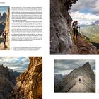Dolomiten-Höhenweg mit majestätischen Gipfeln. Wanderer auf schmalem Pfad mit tiefem Tal und beeindruckendem Weitblick.