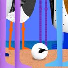 Eine bunte Illustration zeigt abstrakte Beine und ein großes schwarz-weißes Auge mit Flügel auf sandigem Boden.