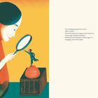 Text: Ein Mädchen bittet um einen kleinen Menschen als Begleiter. Illustration: Frau mit Lupe schaut auf winzige Person.