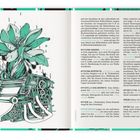 Öffnet sich ein Buch, überschrieben mit Text über historische Drucktechniken. Rechts steht eine detaillierte Maschinenillustration.