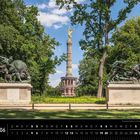 Text: Berlin 06. Fasanerieallee und Siegessäule, Großer Tiergarten.  
Säule mit goldener Figur, flankiert von Skulpturen vor Bäumen.