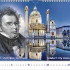 Schubert-Stadt Wien, Österreich. Illustration von Schubert, daneben die Karlskirche in Wien, reflektiert im Wasser.