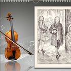 Kalender mit Datum im Juni. Illustration von Männern in barocken Kleidung.
Links eine Geige mit Noten im Hintergrund.