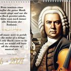 Kalender, Zitat von Charles Gounod über die Bedeutung von Bachs Musik. Abbildung eines Mannes mit Geige und Kirchenhintergrund.
