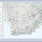 "HIGHLIGHTS": West Coast NP, Kapstadt, Kap der Guten Hoffnung, Cape Winelands, Garden Route, Tsitsikamma NP. Karte von Südafrika.