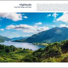Highlands, Land der Berge und Seen. Landschaft mit Bergen, einem See, grünem Tal unter blauem Himmel mit weißen Wolken.