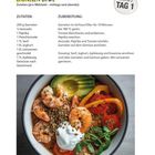 Text: „Garnelen-Bowl“, Zutatenliste und Zubereitungsschritte. Illustration einer Garnelen-Bowl mit Gemüse und Joghurt.