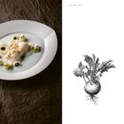 Text: "SIGNATURE — 2014", "SAINT-PIERRE", "Miso Kohlrabi Dashi". Links Teller mit elegantem Gericht, rechts Kohlrabi-Zeichnung.