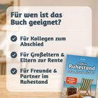 "Für wen ist das Buch geeignet?" mit drei Häkchenpunkten für Kollegen, Großeltern/Eltern und Freunde im Ruhestand. Buchcover sichtbar.
