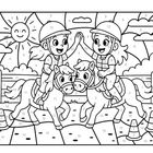 Illustration: Zwei Kinder auf Ponys geben sich High-Five. Die Szene ist mit Zahlen zum Ausmalen versehen.