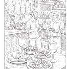 Eine Illustration in einer Bar mit an der Decke hängenden Schinken. Zwei Männer unterhalten sich, Essen und Getränke auf dem Tisch.