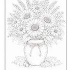 Illustration: Ein Topf mit Blumenarrangement, große Blüten, Gräser und Blätter. Eine Schleife ziert den Topf.